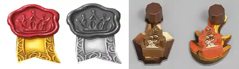 Prototyp-Spielmaterialien des Kennerspiels Djinn, Siegel und Geister