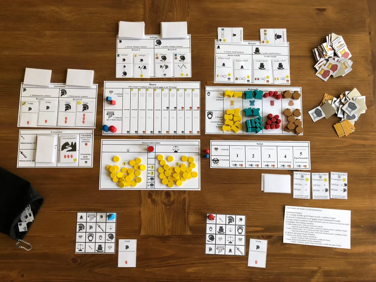 Prototyp-Spielmaterialien des Kennerspiels Rom, später Djinn, 2019