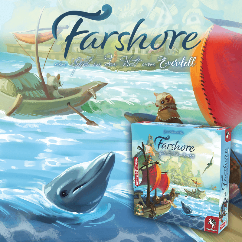 Illustrationen und Spielschachtel des Kennerspiels Farshore - Ein Spiel in der Welt von Everdell