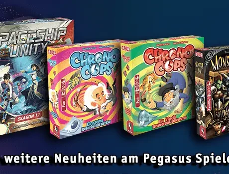 Pegasus Spiele auf der SPIEL'22 mit Spaceship Unity, ChronoCops und Monster Inn