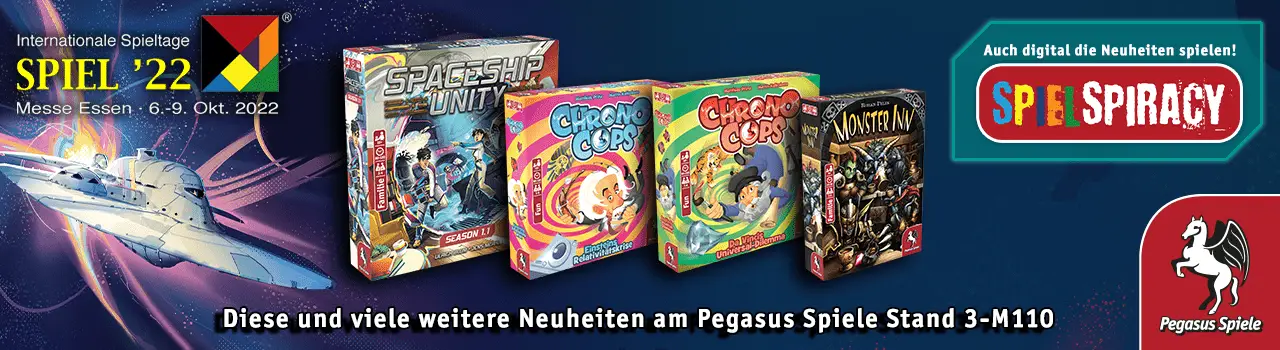 Pegasus Spiele auf der SPIEL'22 mit Spaceship Unity, ChronoCops und Monster Inn