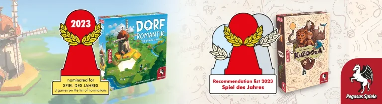 Spiel des Jahres Nomination Logo with Dorfromantik - The Board Game and Recommendation Logo with KuZOOkA