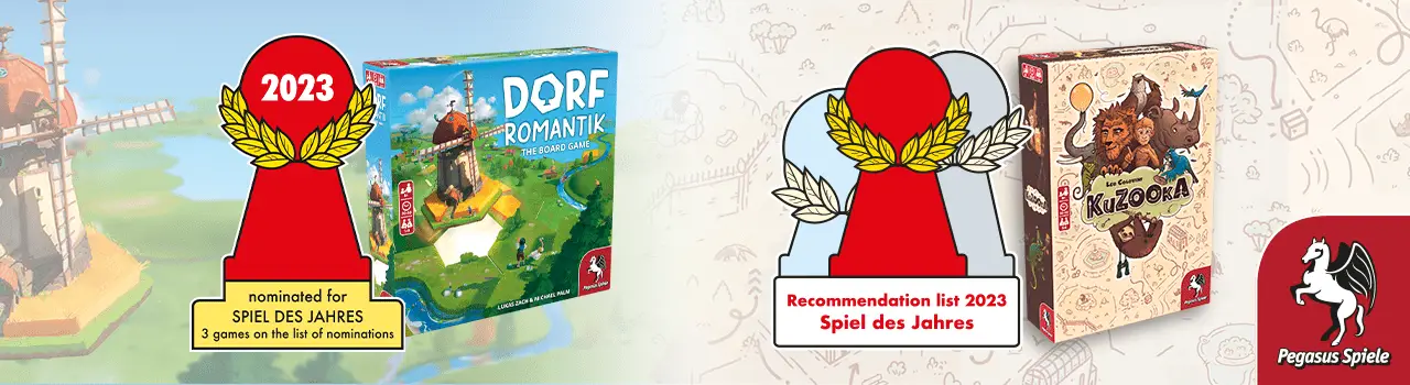Spiel des Jahres Nomination Logo with Dorfromantik - The Board Game and Recommendation Logo with KuZOOkA