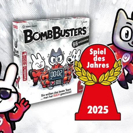 Bomb Busters Spiel des Jahres Schachtel und Schriftzug mit Illustrationen