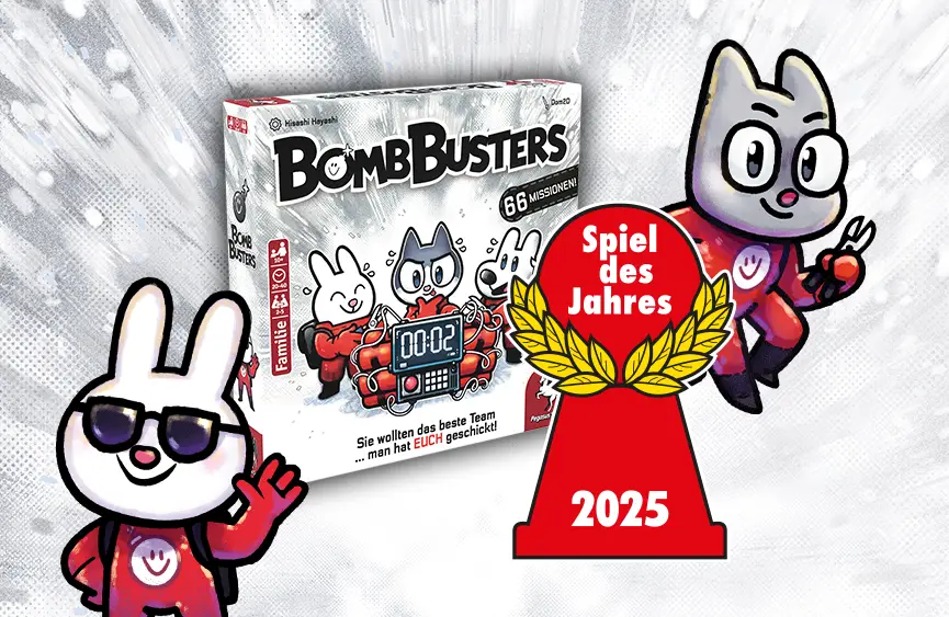 Bomb Busters Spiel des Jahres Schachtel und Schriftzug mit Illustrationen