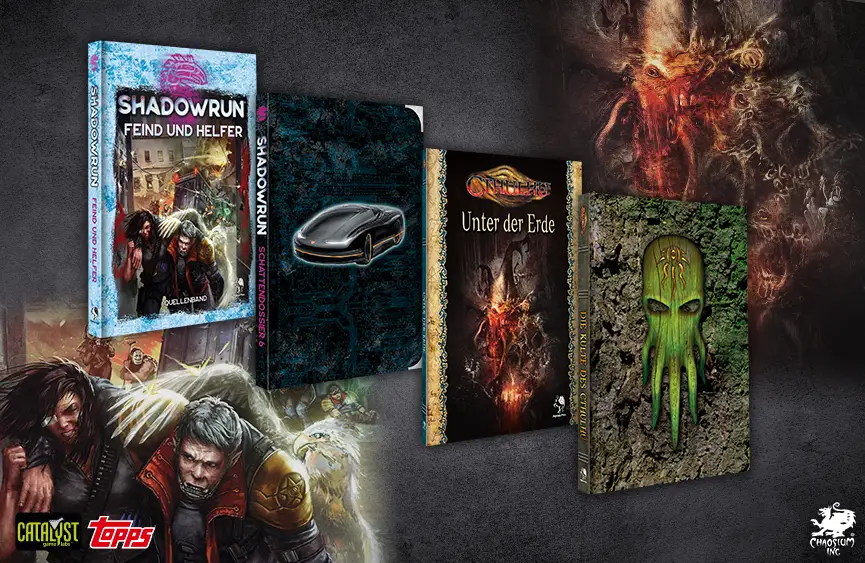 Abbildungen der Shadowrun-Bände Schattendossier 6 und Feind und Helfer sowie der Cthulhu-Bände Kulte des Cthulhu und Unter der Erde