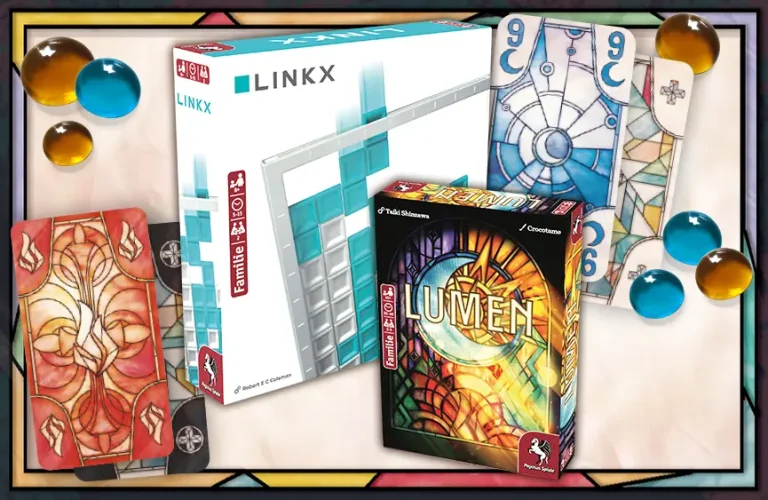 Stichspiel Lumen und Duellspiel Linkx mit Spielmaterial