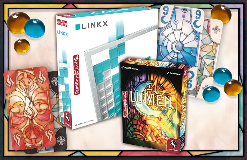 Stichspiel Lumen und Duellspiel Linkx mit Spielmaterial