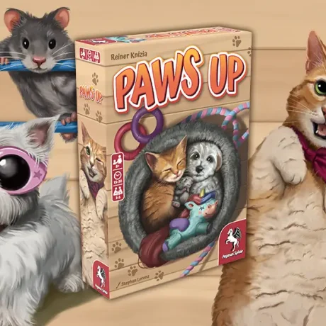 Packshot and illustrations of Reiner Knizia's game Paws Up published by Pegasus Spiele