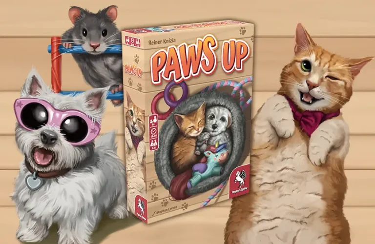 Packshot and illustrations of Reiner Knizia's game Paws Up published by Pegasus Spiele