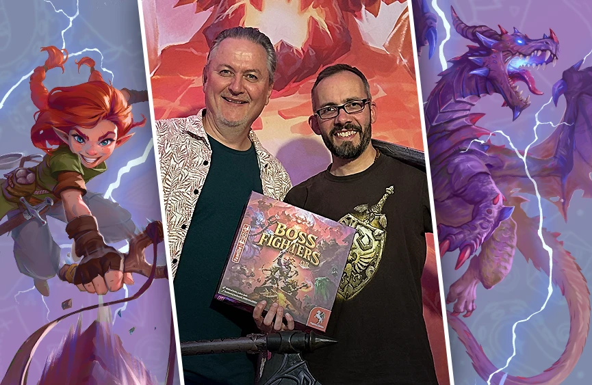 Michael Palm & Lukas Zach mit dem Brettspiel Boss Fighters QR und Illustrationen aus diesem