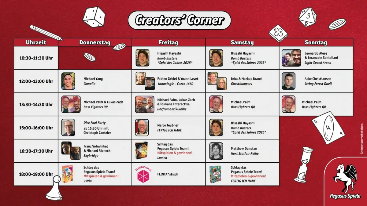 Übersichtsplan über die Programmpunkte der Pegasus Spiele Creators' Corner auf der SPIEL Essen 2025