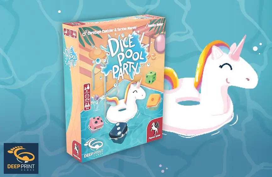 product picture and illustrations of Dice Pool Party by Deep Print Games distributed by Pegasus Spiele