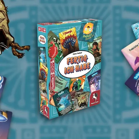 Packung und Illustrationen von Kartenspiel FERTIG ICH HABE von Pegasus Spiele