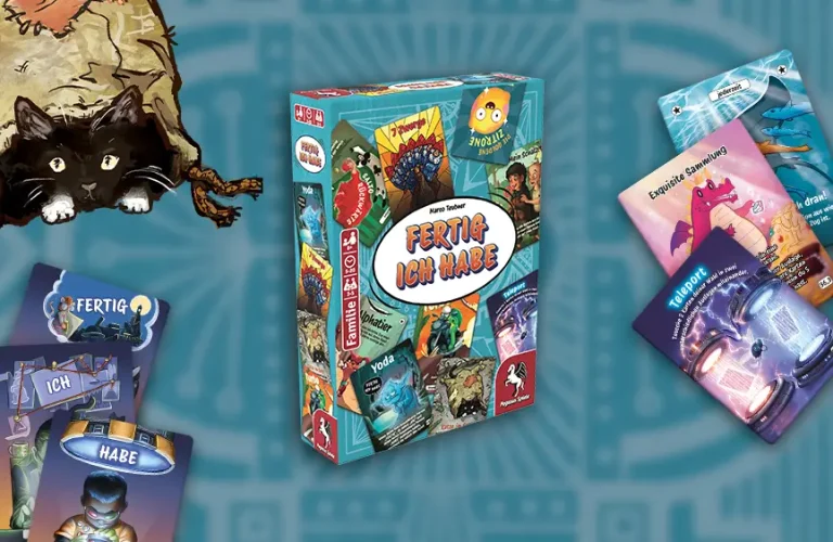 Packung und Illustrationen von Kartenspiel FERTIG ICH HABE von Pegasus Spiele