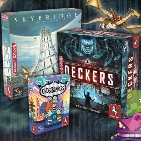 Produktbilder und Illustrationen der Brettspiele Deckers, Skybridge und Ghostbumpers