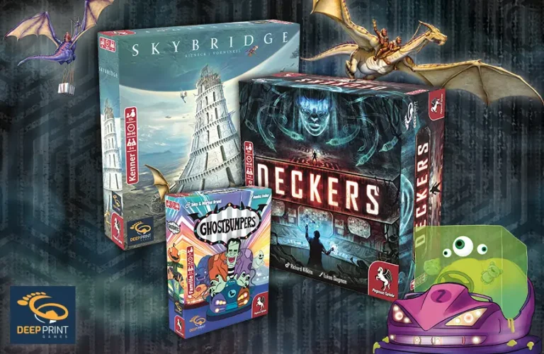 Produktbilder und Illustrationen der Brettspiele Deckers, Skybridge und Ghostbumpers
