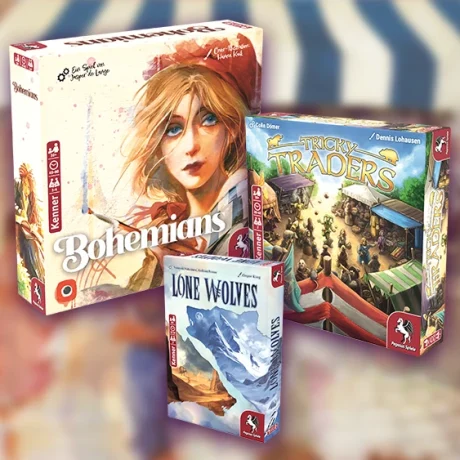 Produktbilder und Illustrationen der Brettspiele Bohemians, Lone Wolves und Tricky Traders