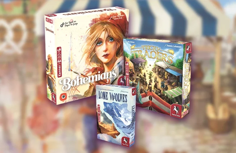 Produktbilder und Illustrationen der Brettspiele Bohemians, Lone Wolves und Tricky Traders