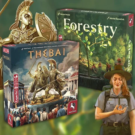 Produktbilder und Illustrationen der Brettspiele Forestry und Thebai