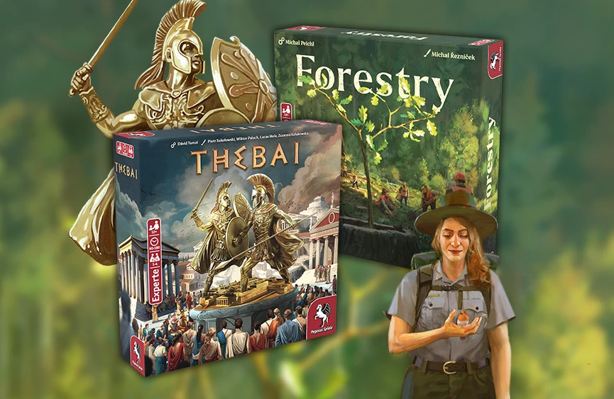 Produktbilder und Illustrationen der Brettspiele Forestry und Thebai