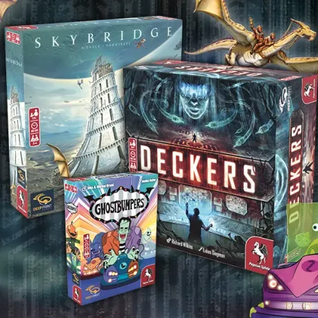 Product Images and illustrations of the board games Deckers, Skybridge and Ghostbumpers