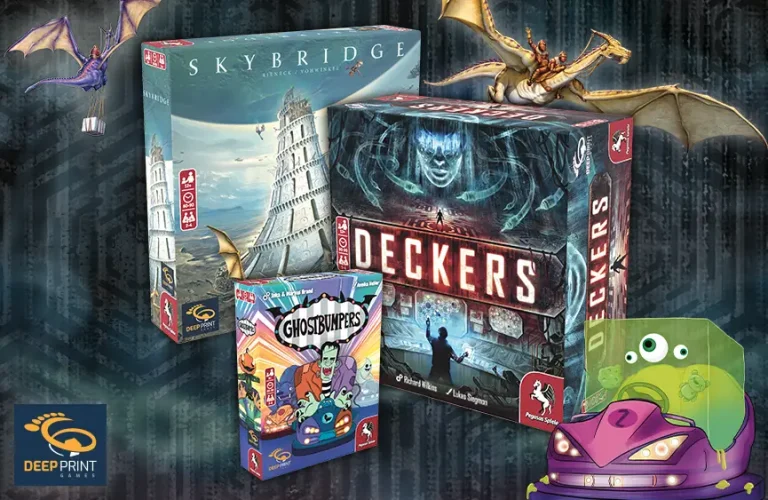 Product Images and illustrations of the board games Deckers, Skybridge and Ghostbumpers