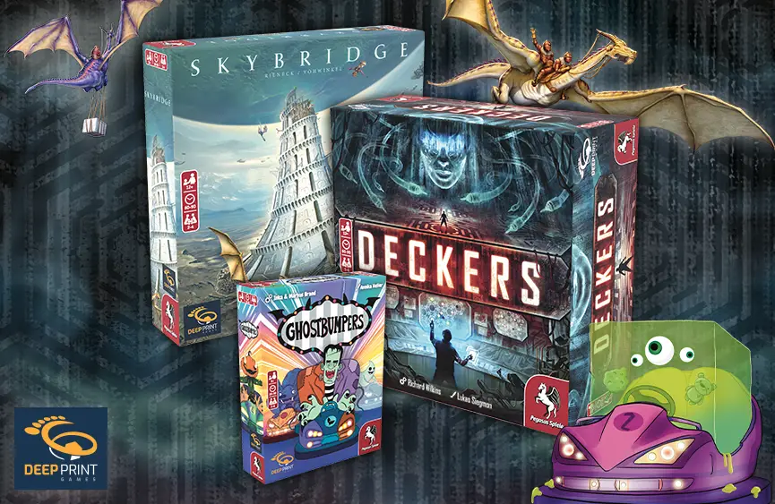 Product Images and illustrations of the board games Deckers, Skybridge and Ghostbumpers