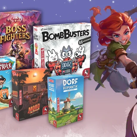 Produktbilder der Brettspiele Boss Fighters QR, Bomb Busters, Käpt'n Kuck, Dorfromantik - Leichtes Gepäck und Deadly Dinner - Mord im Vorzelt