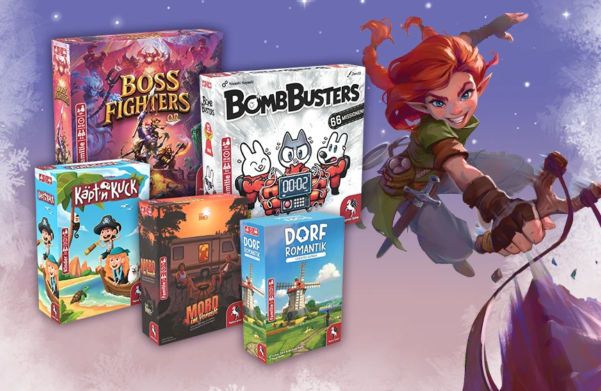 Produktbilder der Brettspiele Boss Fighters QR, Bomb Busters, Käpt'n Kuck, Dorfromantik - Leichtes Gepäck und Deadly Dinner - Mord im Vorzelt