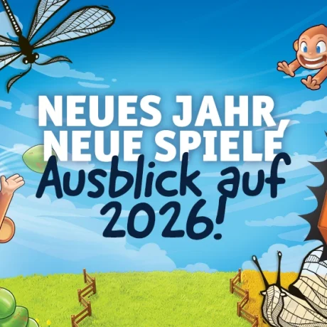 Ausblick auf Pegasus Spiele 2026 mit Illustrationen von Cubeez, Kingdomino, Crazy Coconuts und Symbiose