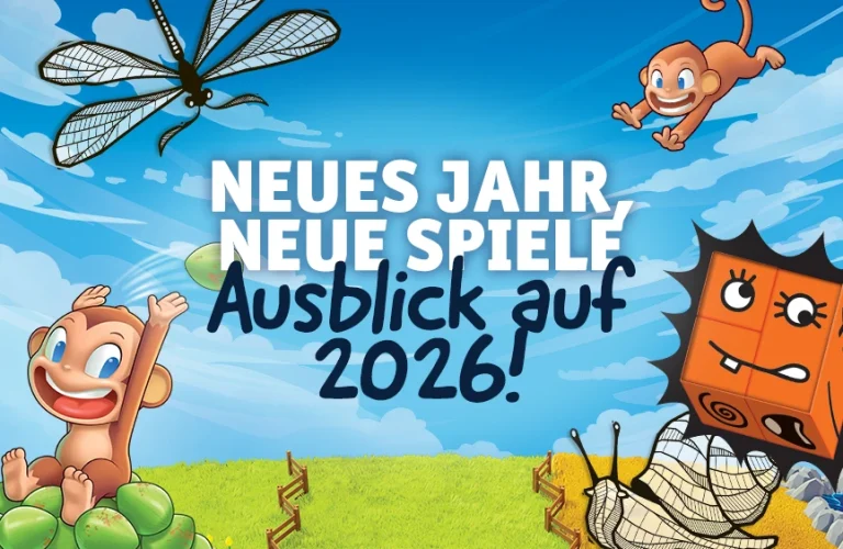 Ausblick auf Pegasus Spiele 2026 mit Illustrationen von Cubeez, Kingdomino, Crazy Coconuts und Symbiose