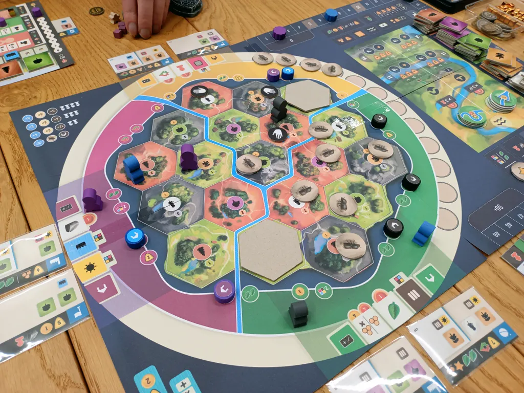 Spielbrett mit Borkenkäfern eines Prototypen des Brettspiels Forestry