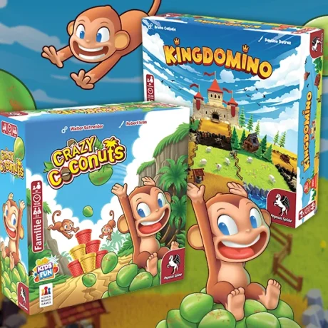 Brettspiele Crazy Coconuts und Kingdomino mit Äffchen-Illustration
