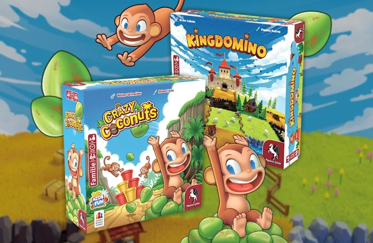 Brettspiele Crazy Coconuts und Kingdomino mit Äffchen-Illustration