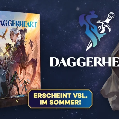 Packshot und Illustrationen des Rollenspiels Daggerheart; erscheint vsl. im Sommer; Darrington Press Logo