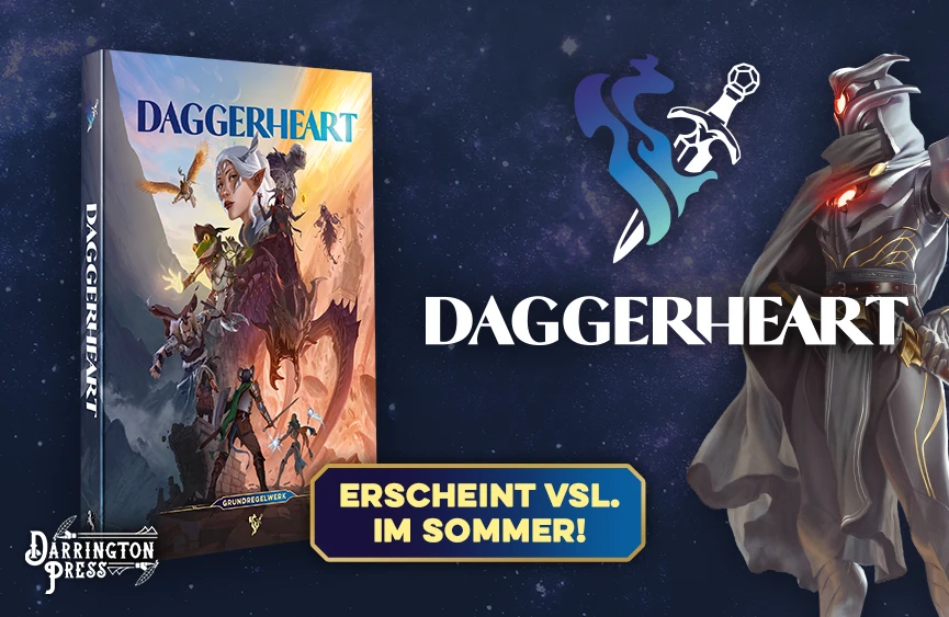 Packshot und Illustrationen des Rollenspiels Daggerheart; erscheint vsl. im Sommer; Darrington Press Logo