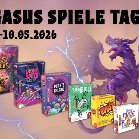 Die sechs Spiele für die Pegasus Spiele Tage 2026 mit Drachen-Illustration