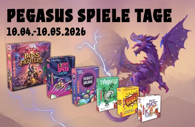 Die sechs Spiele für die Pegasus Spiele Tage 2026 mit Drachen-Illustration