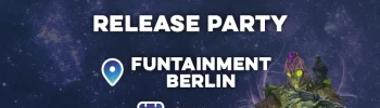 Daggerheart Release Party FUNtainment Berlin 7. Juli; Logo von Funtainment und Darrington Press; Blauer Hintergrund mit Sternbild und Illustration einer grünen Figur