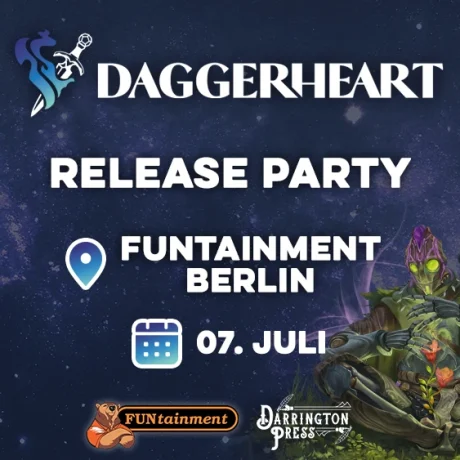 Daggerheart Release Party FUNtainment Berlin 7. Juli; Logo von Funtainment und Darrington Press; Blauer Hintergrund mit Sternbild und Illustration einer grünen Figur