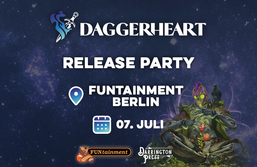 Daggerheart Release Party FUNtainment Berlin 7. Juli; Logo von Funtainment und Darrington Press; Blauer Hintergrund mit Sternbild und Illustration einer grünen Figur
