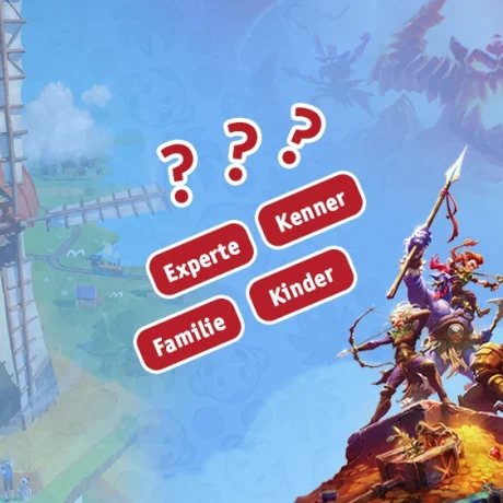Die vier Spielekategorien Kinder, Familie, Kenner und Experte als Begriffe zentral; mit einer Illustration der Mühle aus Dorfromantik zur Linken sowie einer Illustration der Helden aus Boss Fighters QR zur Rechten
