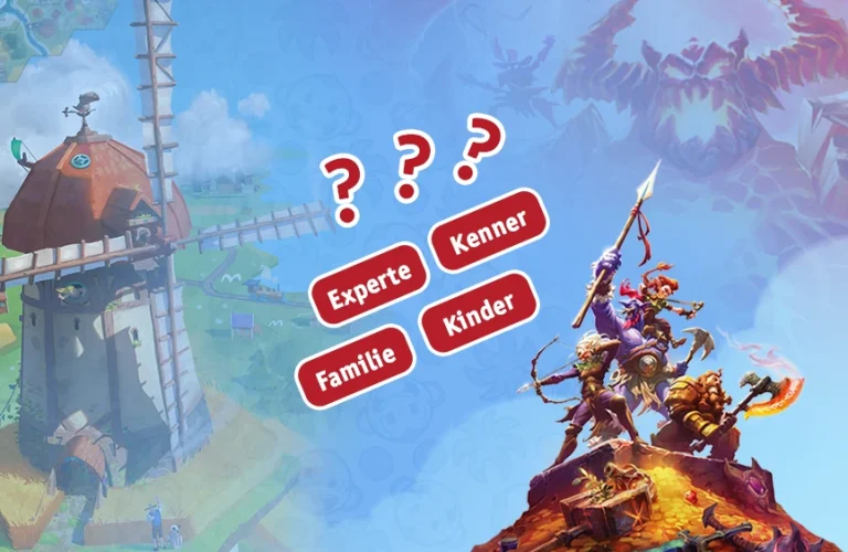 Die vier Spielekategorien Kinder, Familie, Kenner und Experte als Begriffe zentral; mit einer Illustration der Mühle aus Dorfromantik zur Linken sowie einer Illustration der Helden aus Boss Fighters QR zur Rechten