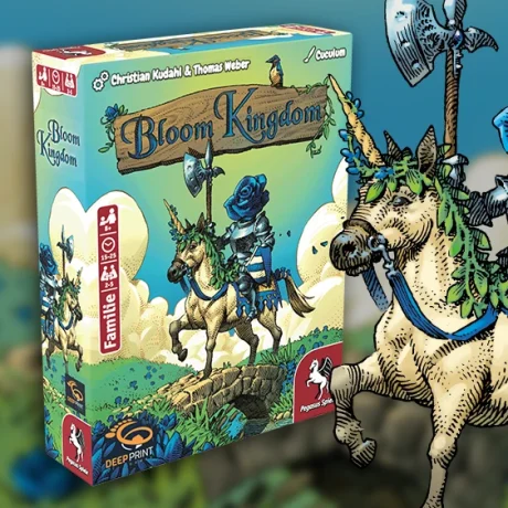 Produktgrafik von Bloom Kingdom mit Illustration der Ritterin auf einem Einhorn daneben