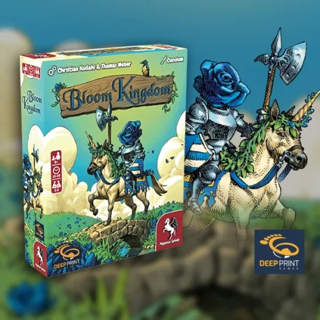 Product graphic of Bloom Kingdom next to the cover illustration of a knight on a unicorn