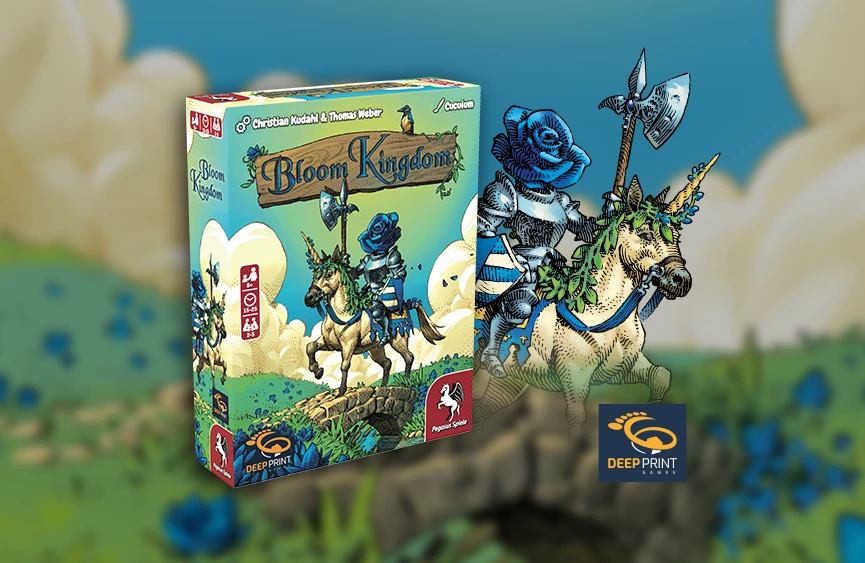 Product graphic of Bloom Kingdom next to the cover illustration of a knight on a unicorn