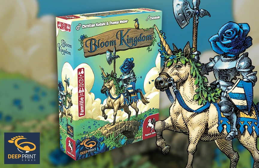 Produktgrafik von Bloom Kingdom mit Illustration der Ritterin auf einem Einhorn daneben