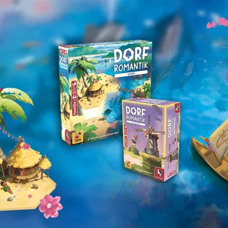 Produktgrafiken von Dorfromantik - Südsee und Dorfromantik - Kopf an Kopf; Meereshintergrund und Palmen-Illustration