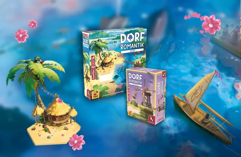 Produktgrafiken von Dorfromantik - Südsee und Dorfromantik - Kopf an Kopf; Meereshintergrund und Palmen-Illustration